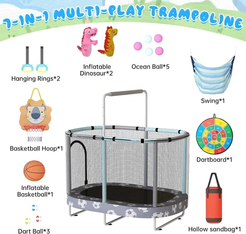 Miniatura 8 de LAMERGE Trampolín redondo 7 en 1 de 55 pulgadas para niños y niñas de 1 a 8 años, trampolín para interiores y exteriores para diversión, barandilla