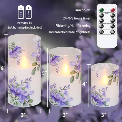 Miniatura 4 de Velas de cristal sin llama parpadeantes con control remoto y temporizador, flores púrpuras LED operadas por batería, cera real, juego de 3 velas