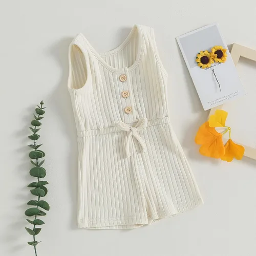 Miniatura 74 de Traje de verano para niña pequeña, de manga corta, acanalado, overol liso, pantalones cortos, ropa para recién nacidos