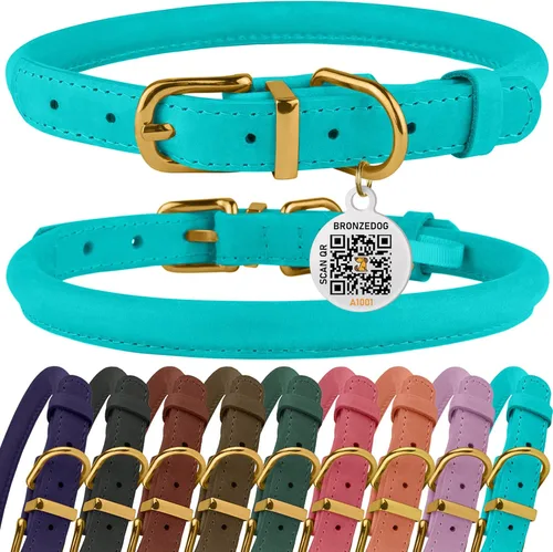Miniatura 26 de Collar de cuero enrollado, redondo, suave y ajustable con placa de identificación por QR para perro pequeño, mediano y grande, cachorro y gato Rosa