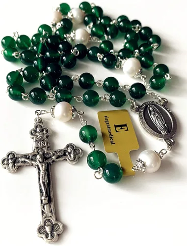 Miniatura 3 de elegantmedical Cuentas de ágata verde hechas a mano y perla real católica guadalupe rosario collar cruz