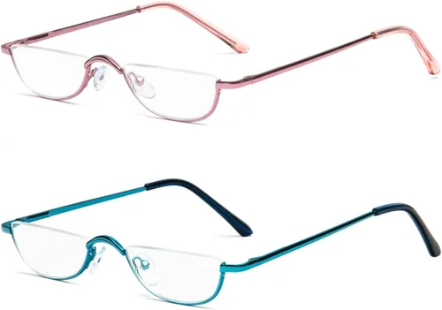 Lentes de lectura de media lectura, 2 pares de lentes con marco de metal de medio borde, lectores de bisagra de resorte con bolsa de cuero para Azul