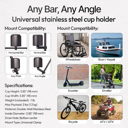 Miniatura 3 de Kroozie Soporte para botellas de bicicleta de lujo, universal, de acero inoxidable, para manillares, para barras verticales o en ángulo y bebidas