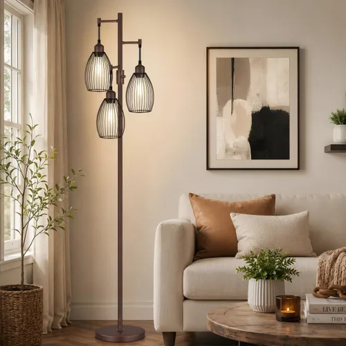 Miniatura 13 de Lámpara de pie regulable, 3 bombillas LED Edison de 800LM incluidas, lámpara de pie industrial de granja lámpara de árbol de pie con elegante jaula