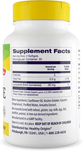 Miniatura 3 de Healthy Origins Licopeno 15 mg, 60 cápsulas blandas - Suplemento antioxidante derivado de tomate natural - Apoya la salud de la próstata, la función