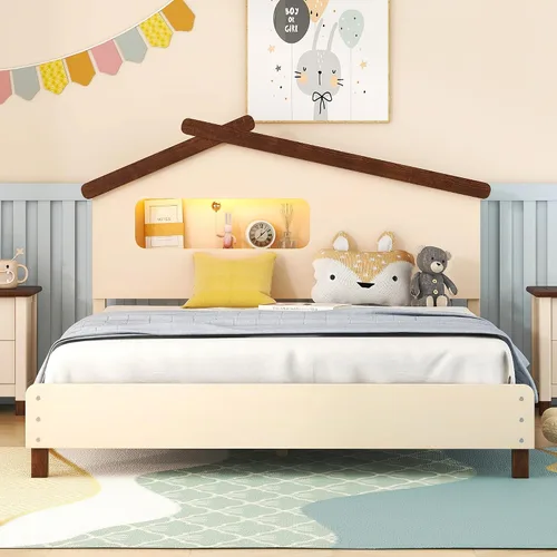 Miniatura 2 de Quarte Cama de plataforma de madera de tamaño matrimonial para niños con cabecera en forma de casa y luces nocturnas activadas por movimiento,