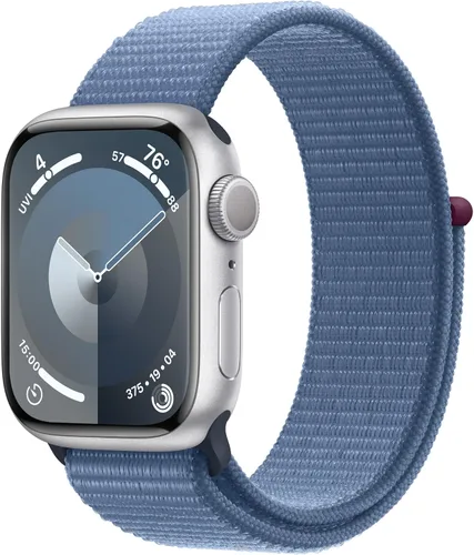 Apple Watch Series 9 [GPS 41mm] Smartwatch con caja de aluminio plateado con correa deportiva Winter Blue de una talla. Rastreador de fitness, Caja