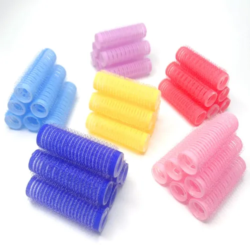 Miniatura 6 de Juego de 24 rodillos autoadhesivos sin calor para peluquería profesional y peluquería de bricolaje, rizadores de pelo medianos cortos con peine