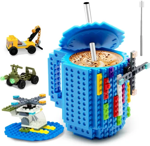 FUBARBAR Taza de café de ladrillo – Divertida taza novedosa con tapa y pajilla, taza de juguete de bloque de construcción, idea de regalo para Azul