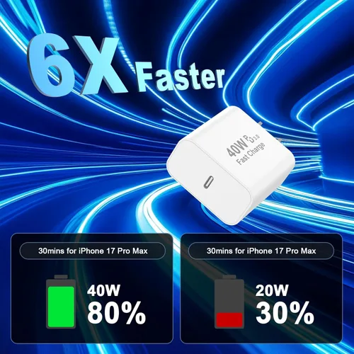 Miniatura 3 de [Certificado MFi de Apple] Cargador para iPhone 17 Pro Max de carga rápida, PD 40 W USB C bloque de carga con cable de carga tipo C de 6 pies