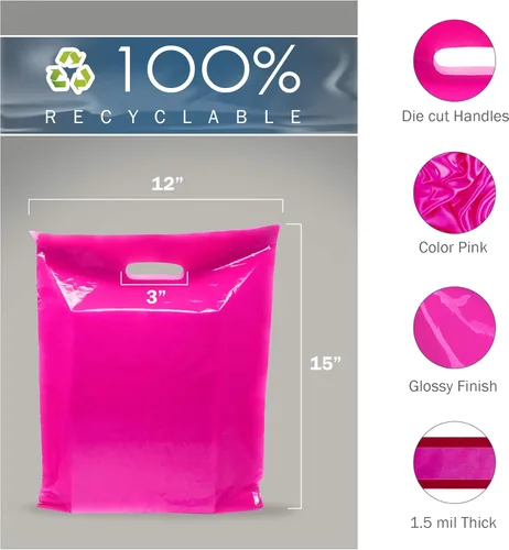 Miniatura 2 de PPB - Bolsas de plástico rosa de 12 x 15 pulgadas, acabado brillante, tamaño mediano al por menor, paquete de 200, 1.5 mil de grosor, con asas
