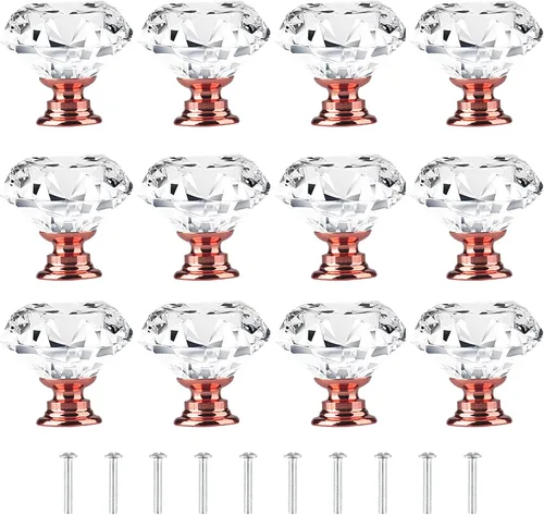Miniatura 11 de Tomorotec Elegantes tiradores de cristal en forma de diamante para cajones, juego de 12 con base dorada y tornillos, 1.2 pulgadas, ideal
