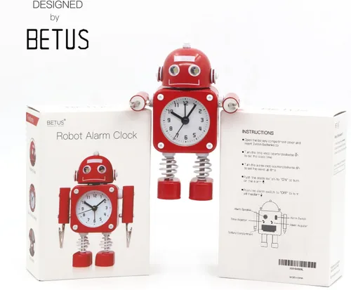Miniatura 6 de Betus Reloj Despertador Robot Sin Tictac de Metal Inoxidable - Reloj Despertador con Luces Intermitentes en los Ojos y Clip de Mano (Rojo Rubí)