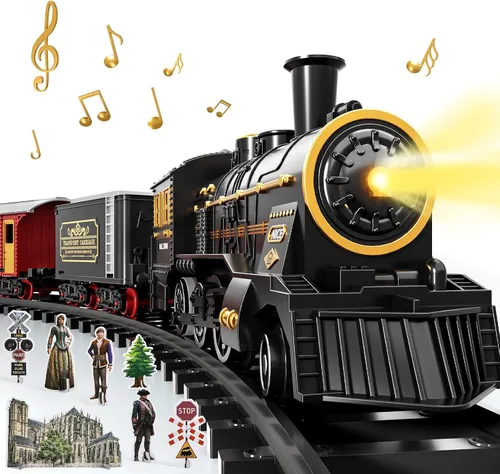 Miniatura 9 de Conjunto de Tren para Niños Pequeños de 2-4 años, Trenes Eléctricos con Vía, Humo, Luz, Sonido y Escena, Conjuntos de Tren de Navidad para Alrededor