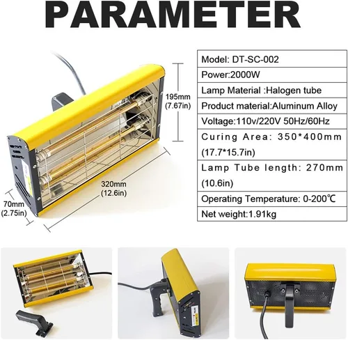 Miniatura 3 de DATOUBOSS Lámpara portátil de curado de pintura por infrarrojos 2000w Lámpara de horneado de pintura por infrarrojos de mano Luz de calentamiento