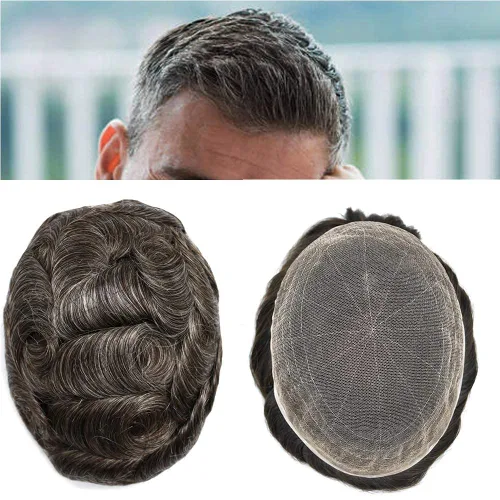 Miniatura 64 de Toupee para hombres Piezas de cabello humano real, encaje francés completo para hombres, pieza de cabello, nudos blanqueados, línea capilar natural