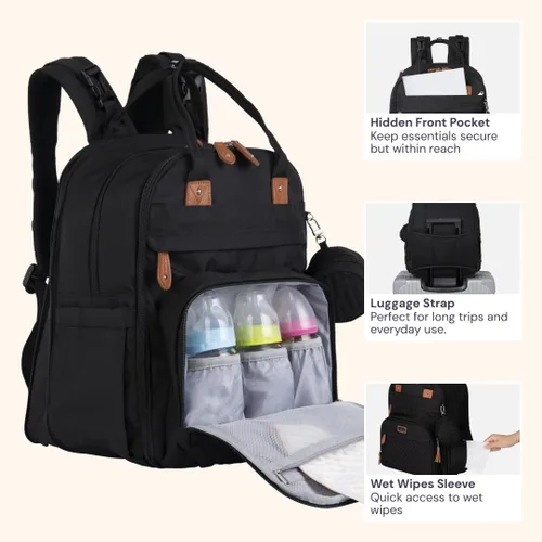 Miniatura 5 de BabbleRoo Mochila para pañales extragrande, bolsa de bebé expandible con hasta un 50% más de capacidad, bolsa de bebé esencial de viaje con Negro