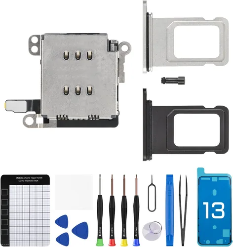 Para iPhone 13 Dual SIM Card Reader Flex Cable con Negro y Plata Bandeja de Tarjeta SIM Doble Soporte de Ranura Adaptador de Reemplazo con Kit de