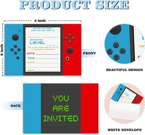 Miniatura 4 de Tarjetas de invitación de fiesta de videojuegos, invitación a fiesta de cumpleaños de juego, celebración de fiesta de niños, 20 tarjetas con 20