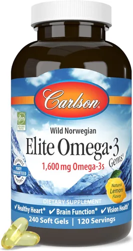 Miniatura 11 de Carlson - Gemas Elite Omega-3, 1600 mg de ácidos grasos omega-3 incluyendo EPA y DHA, suplemento de aceite de pescado noruego, capturado