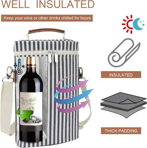 Miniatura 2 de Bolsa para 2 Botellas de Vino, Azul Oscuro, Capacidad de 750 mL, Material de Poliéster, Con Correa para el Hombro y Sacacorchos