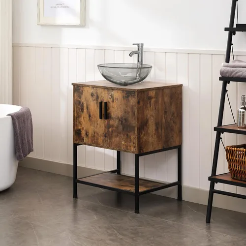 Miniatura 5 de UEV Juego de tocador de baño antiguo de 24 pulgadas, color marrón oscuro con lavabo, armario de baño de madera de hierro con grifo de temperatura