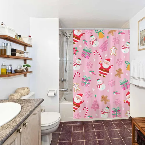 Miniatura 5 de Allenjoy Cortina de ducha de Navidad rosa de 72 x 72 pulgadas para niña, juego de baño de Feliz Navidad, invierno, Papá Noel, muñeco de nieve
