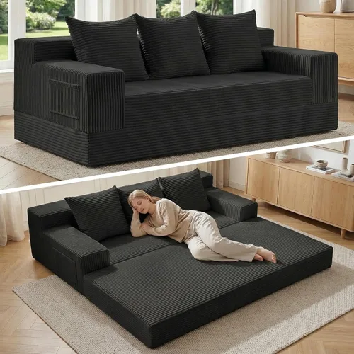 Miniatura 8 de Sofá cama convertible de 78 pulgadas, sofá futón plegable de esponja de alta densidad, sofá sin hueso, sofá cama de 3 plazas con 3 almohadas