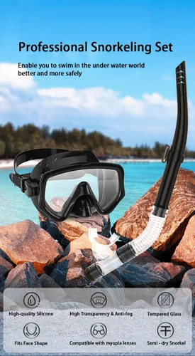 Miniatura 9 de Equipo de esnórquel para adultos, juego de esnórquel seco máscara de buceo, vista panorámica de 180°, equipo de esnórquel profesional, máscara
