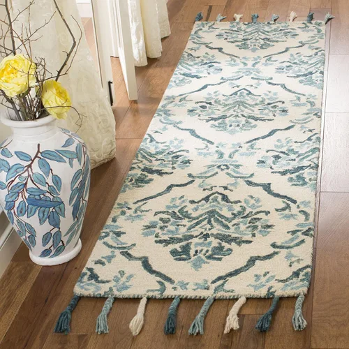 SAFAVIEH Suzani Collection SZN205A - Alfombra de pasillo de lana con borlas de 2 pies 3 pulgadas x 8 pies, color marfil y turquesa