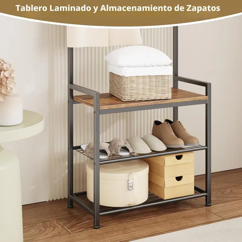 Miniatura 6 de Perchero de pasillo con almacenamiento de zapatos, banco de almacenamiento de árbol de entrada, muebles decorativos de aspecto de madera con marco