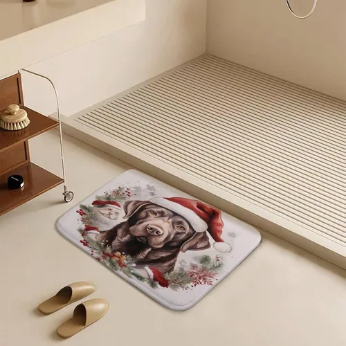 Miniatura 5 de Tapete de baño con diseño de Papá Noel para perro, diseño de acuarela, color chocolate, tapete de espuma antideslizante, tapete de felpa