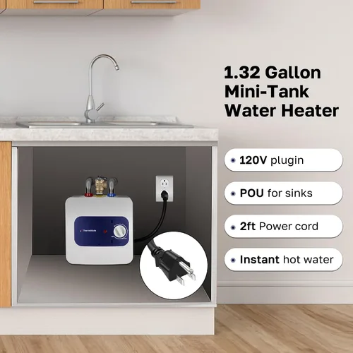 Miniatura 2 de ThermoMate Calentador de agua eléctrico con mini tanque, 1.32 galones, pequeño calentador de agua debajo del fregadero para punto de uso, agua