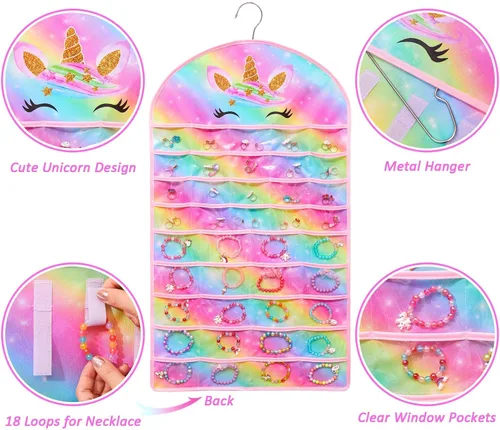 Miniatura 5 de FIOBEE Organizador de joyas colgante para niñas, soporte de almacenamiento de joyas de unicornio con colgador para niños, aretes, collar, pulsera