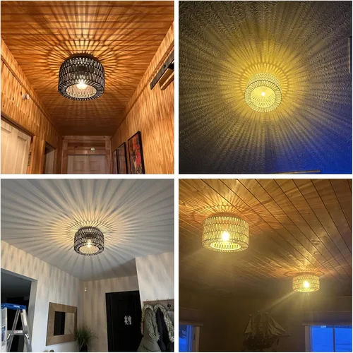Miniatura 5 de SineRise Lámparas de techo de ratán (30 cm, bombilla LED incluida), lámpara de techo de montaje empotrado tejida a mano estilo bohemio, lámpara