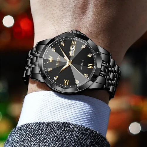 Miniatura 9 de OLEVS Reloj de pulsera automático con diseño de esqueleto para hombre, de lujo, con diamantes de lujo, de acero inoxidable, calendario, reloj