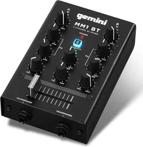 Mezclador DJ portátil Bluetooth Gemini – Mezclador de audio mini de 2 canales con entrada inalámbrica, RCA, tomas para micrófono y auriculares, EQ y