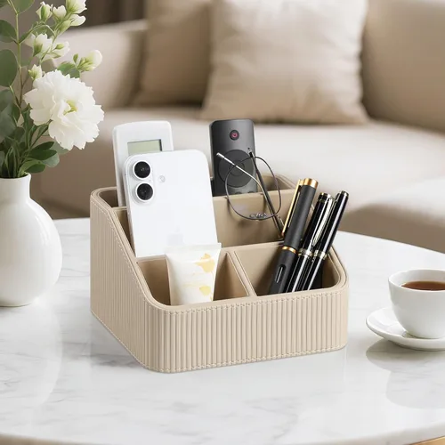 Miniatura 2 de Soporte para control remoto con 4 compartimentos, organizador de mesita de noche pequeña de piel sintética para accesorios de escritorio