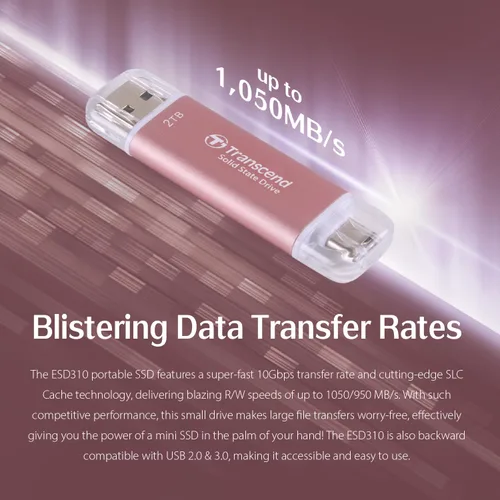 Miniatura 7 de Transcend ESD310 SSD externo de 1 TB, hasta 1,050 MB/s, unidad USB dual para iPhone17,16,15, iPad y Mac/Pixel10/Tesla/Steam Deck/ROG Ally/MSI Rosa