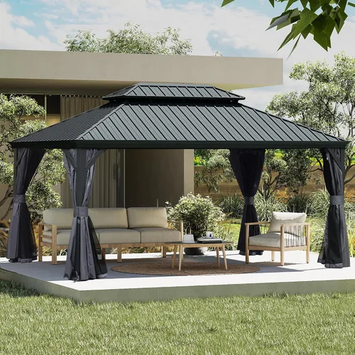 Miniatura 43 de Domi - Cenador permanente de metal con techo rígido de 8 x 8 pies, con doble techo de acero galvanizado, cortinas y malla para fiestas, bodas, Gris