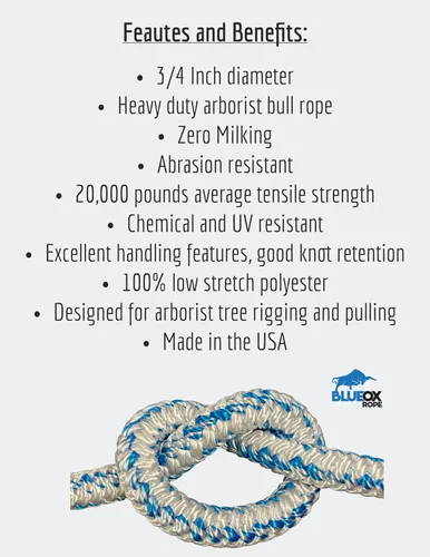 Miniatura 4 de Blue Ox Rope Cuerda de toro Arborist de 3/4 pulgadas por 150 pies, 12 portadores de 24 hebras, blanco/azul, fabricada en los Estados Unidos
