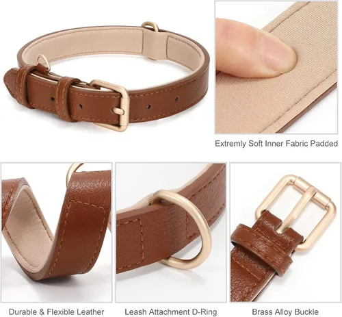 Miniatura 5 de WHIPPY Collar de cuero para perro pequeño y mediano, ajustable, suave, transpirable, de cuero, acolchado, con hebilla de aleación, resistente al