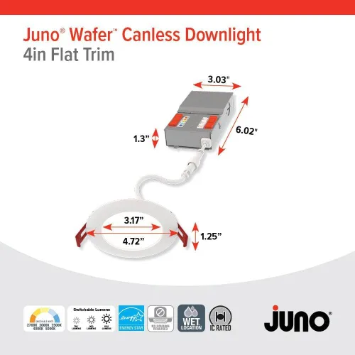 Miniatura 6 de Juno Luces LED empotrables redondas de 4 pulgadas, luz descendente de oblea deflectora, temperatura de color blanco conmutable 5 en 1, brillo