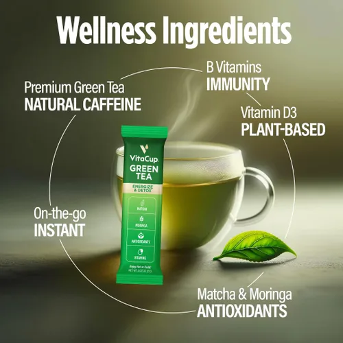 Miniatura 4 de VitaCup Paquetes instantáneos de té verde, mejora la energía y la desintoxicación con matcha, moringa, vitaminas B, D3, fibra, keto, paleo, vegano