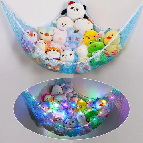 Miniatura 19 de Basumee Hamaca de animales de peluche con luz LED, organizador de red de juguetes de peluche, organizador de esquina para almacenamiento de animales