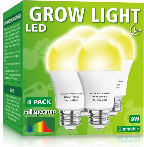 Paquete de 4 bombillas LED de cultivo A19, bombilla de espectro completo para plantas, bombilla de cultivo E26 de 9 W que reemplaza hasta 80 W, luz