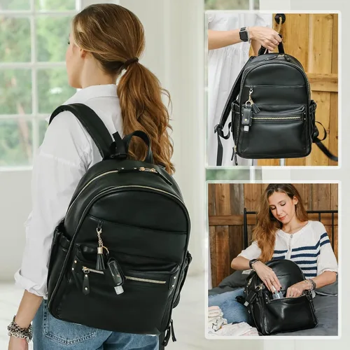 Miniatura 2 de miss fong Bolsa de pañales de cuero, bolsa de pañales para bebé, 16 bolsillos con soporte para desinfectante de manos, cambiador, 2 bolsillos Negro