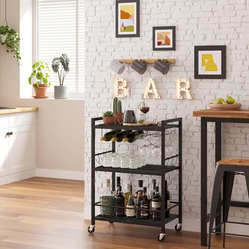 Miniatura 13 de TUTOTAK Carrito de bar, carrito de servicio para bar doméstico, carrito para microondas, carrito de bebidas, estante de cocina móvil con botellero