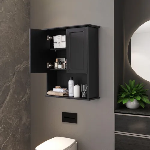 Miniatura 2 de VANIRROR Armario de pared de baño negro de 23 x 29 pulgadas, botiquín de madera con 2 puertas y estante ajustable, armario montado en la pared sobre