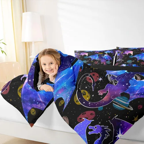 Miniatura 7 de Feelyou Juego de ropa de cama con diseño de dragón y galaxia, cielo estrellado, para niños y niñas, diseño de dragón, decoración colorida, colección